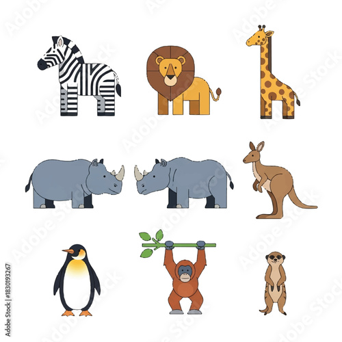 Diverse Animal Collection Zebra Lion Giraffe Rhinos Kangaroo Penguin Orangutan Meerkat.
