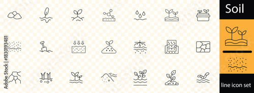 Soil ground and gardening editable stroke outline icons set isolated on white background flat vector illustration.