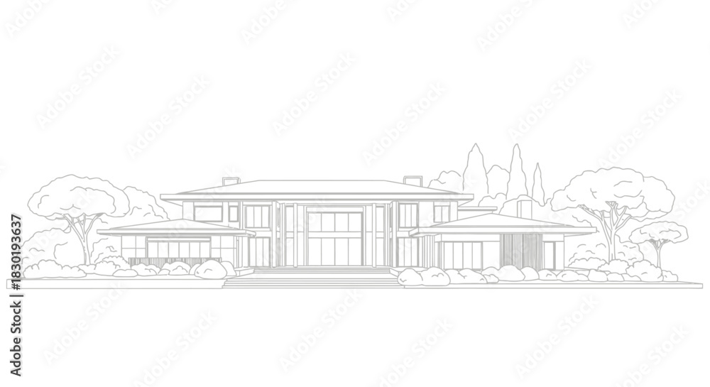 Fototapeta premium Architectural line drawing of a modern house with landscaping and minimalist design