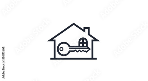 Minimalist home security concept with key inside house icon for real estate