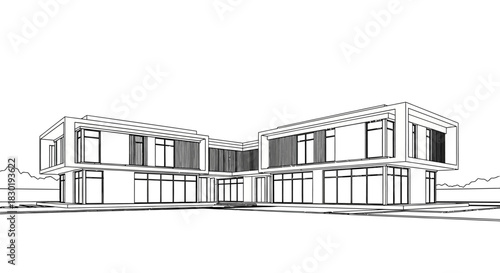 Modern architecture rendering showcases a sleek two story building design with large windows