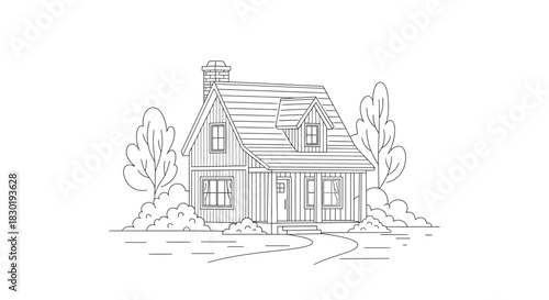 Detailed Line Art of a Charming Cottage House with Lush Greenery Surrounding It