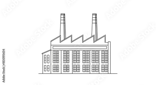 Detailed line drawing showcasing a vintage factory with twin chimneys and multiple windows