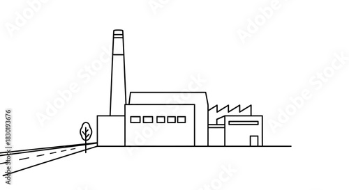 Minimalist line drawing of a factory with chimney and a tree along a road illustration
