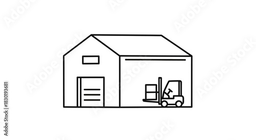 Minimalistic outline drawing of a warehouse with a forklift, conveying logistics and delivery