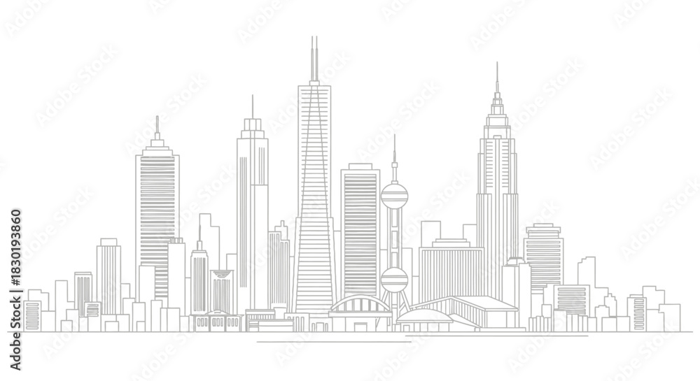 Obraz premium Detailed line art of a city skyline showcasing iconic skyscrapers and buildings urban panorama