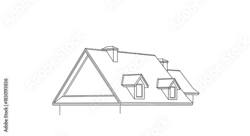 Detailed Architectural Line Drawing of a House Roof with Dormers and Chimneys Depicting Structure