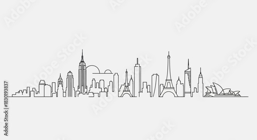 Minimalist linear cityscape illustration of major world cities with iconic landmarks