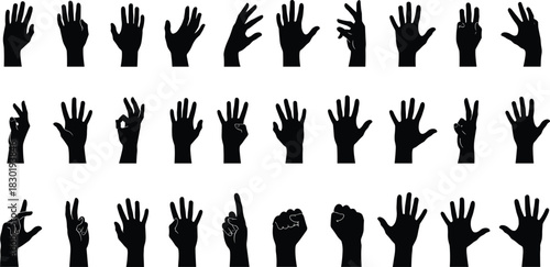 Set of Black Human Hand Silhouettes Showing Various Gestures and Signs Vector Illustration