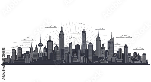 Monochrome cityscape vector illustration with silhouetted buildings and clouds isolated skyline