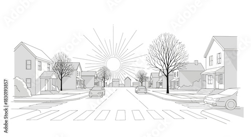 Stylized Monochrome Neighborhood Street Scene with Sunburst and Crosswalk Illustration