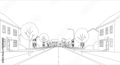 Linear perspective street view of suburban houses and trees under a bright sky ideal for