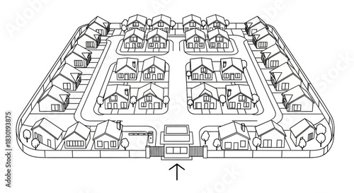 Detailed Black and White Illustration of a Residential Neighborhood Layout from Above View