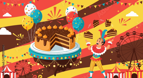Festive cake carnival celebration illustration featuring a performer and ferris wheel