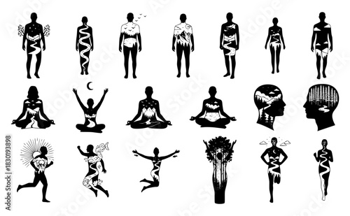 vector set of human silhouettes filled with nature and cosmic scenes, depicting meditation, running, and abstract forms. Represents holistic wellness, mind-body connection, and inner life.