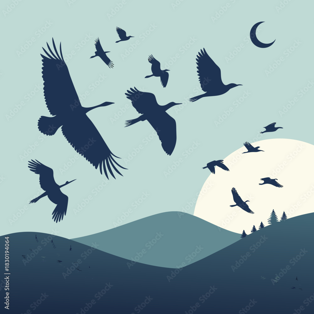 Obraz premium Silhouettes of various birds flying in formation across a serene landscape with rolling hills a crescent moon and a large sun rising or setting