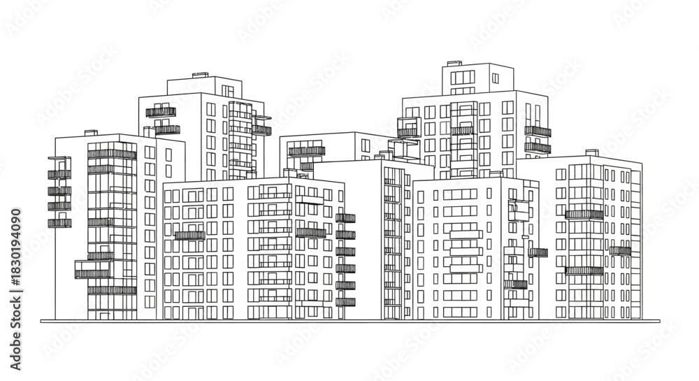 Obraz premium Architectural visualization of modern residential buildings with balconies drawn in line art style