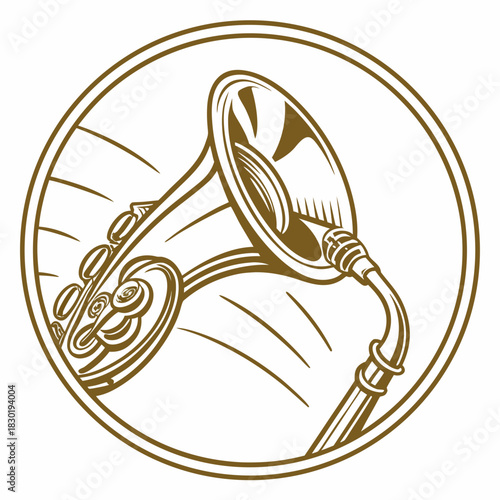 Stylized golden outline illustration of a french horn instrument with valves and bell inside a circular border on a white background