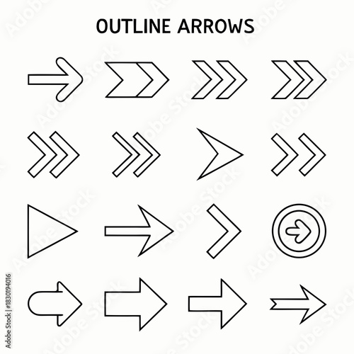 Collection of diverse outline arrow icons with various styles and shapes representing direction and movement on a clean white background
