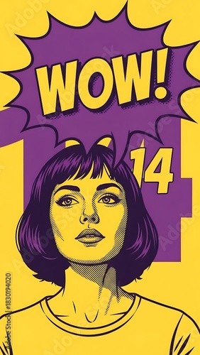 Vibrant Pop Art Illustration of a Woman with wow and 14 in Yellow and Purple