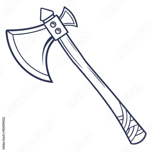 A stylized outline drawing of a medieval battle axe with a sharp curved blade and a wooden handle wrapped in bindings isolated on a white background