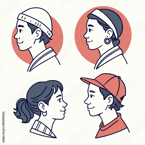 Diverse group of young people depicted in profile with simple line art and flat color accents showcasing individuality and style in their portraits