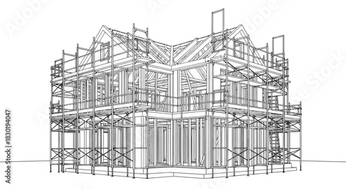 Architectural blueprint illustration showcasing house construction with scaffolding detail