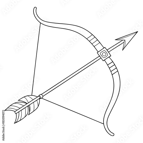 A simple black and white outline illustration of a classic bow and arrow with a fletched arrow ready for shooting on a white background