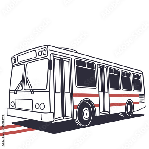 A stylized graphic illustration of a classic public transit bus with dark windows and red stripes on a clean white background with a shadow and road lines
