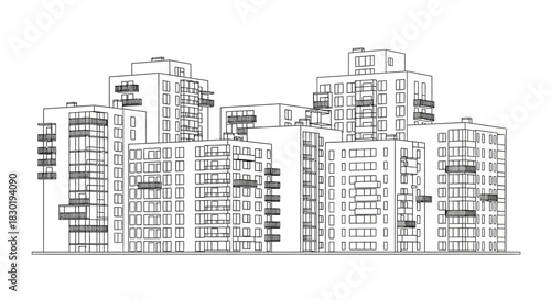 Architectural visualization of modern residential buildings with balconies drawn in line art style