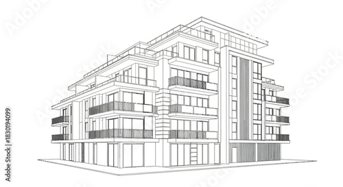 Architectural visualization of modern residential building exterior detailed line drawing design
