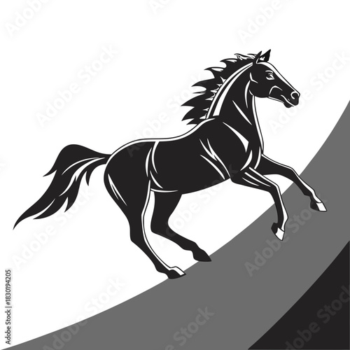 Dynamic silhouette of a powerful black horse in full gallop against a contrasting background with stylized mane and tail