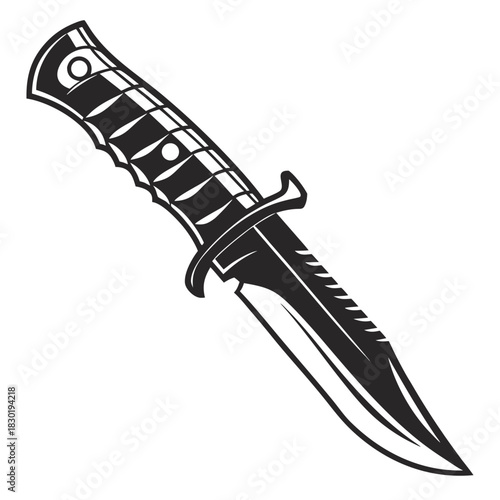 A striking black and white illustration of a tactical combat knife with a serrated blade and a textured grip isolated on a white background evoking a sense of danger and preparedness