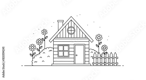 Minimalist line art illustration of a charming house with flowers and a fence in black and white
