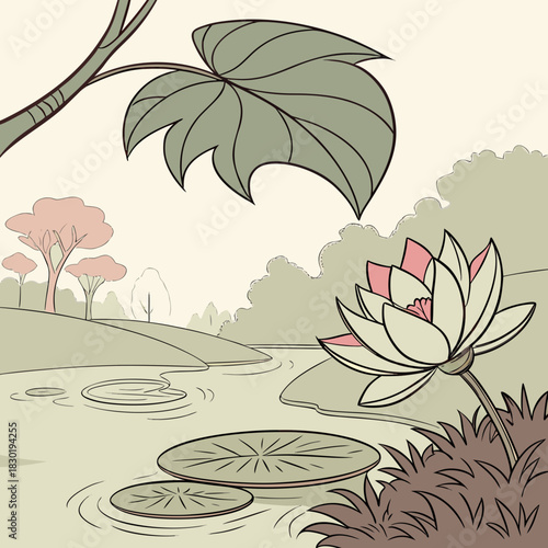 A serene natural landscape illustration featuring a delicate lotus flower blooming in a tranquil pond surrounded by lush greenery and trees under a soft sky