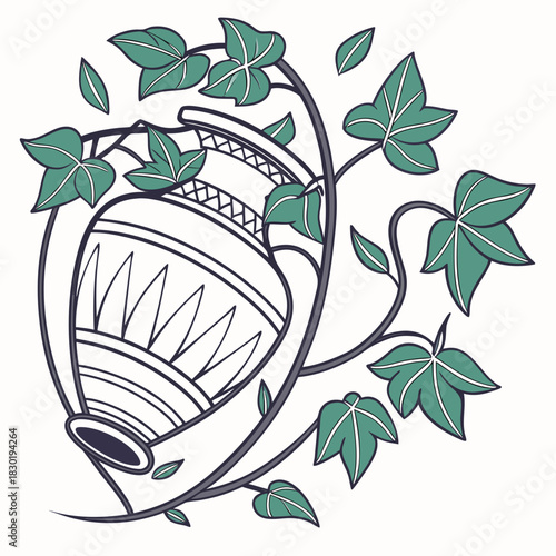 A stylized illustration of an ancient greek amphora vase entwined with green ivy vines and leaves on a white background representing nature and history