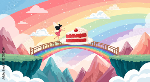 Whimsical Fairy Tale Scene with Rainbow Bridge and Layered Cake, dreamy fantasy land