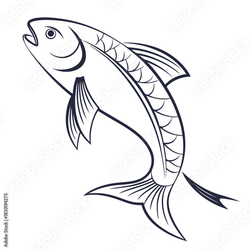 Stylized outline illustration of a single fish with an open mouth and detailed fins leaping upwards against a clean white background representing movement and vitality