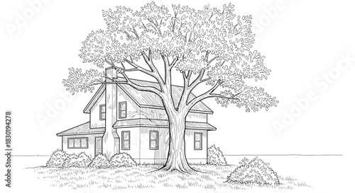 Detailed sketch of a charming house nestled beneath the shade of a large tree drawing