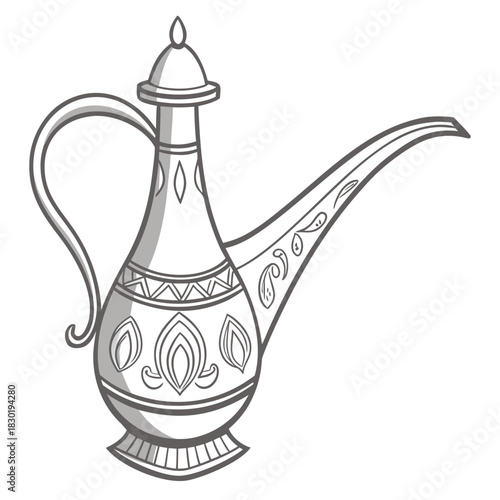 Elegant traditional arabic dallah coffee pot with ornate decorative patterns and a long spout rendered in a simple line art style with subtle shading