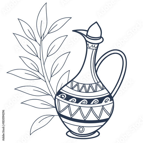Stylized line art illustration of an ancient amphora or jug decorated with geometric patterns and a sprig of leaves against a white background