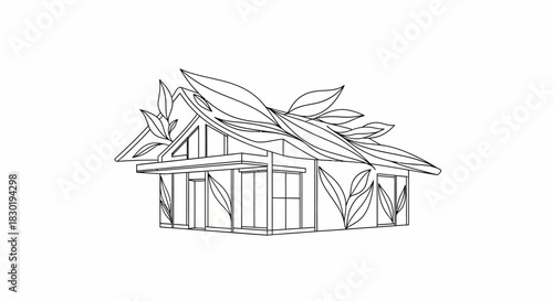 Architectural design showcasing a modern house enveloped in flourishing foliage line art