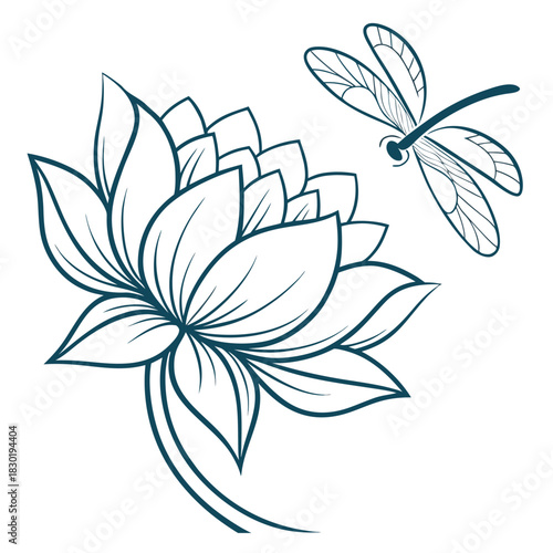 Elegant dark blue line art illustration of a blooming lotus flower with a delicate dragonfly hovering nearby on a clean white background