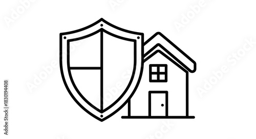 Minimalistic house insurance illustration featuring shield symbol for protection and home
