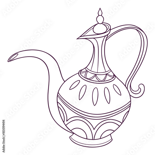 Elegant outline drawing of a traditional middle eastern arabic coffee pot or dallah with intricate decorative patterns and a long curved spout and handle isolated on a white background