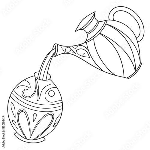 Stylized black and white line art illustration of an ancient amphora pouring liquid into a decorative vase with ornate patterns and swirling designs