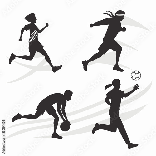 Diverse group of athletic individuals in silhouette form engaged in various sports activities including running soccer and basketball on a clean white background with subtle motion lines