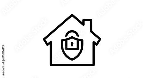 Iconic representation of home security with a house silhouette and a shield padlock symbol