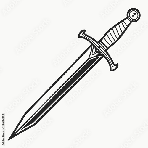 A stylized black and white illustration of a medieval sword with a pointed blade and a decorative hilt isolated on a white background representing combat and history