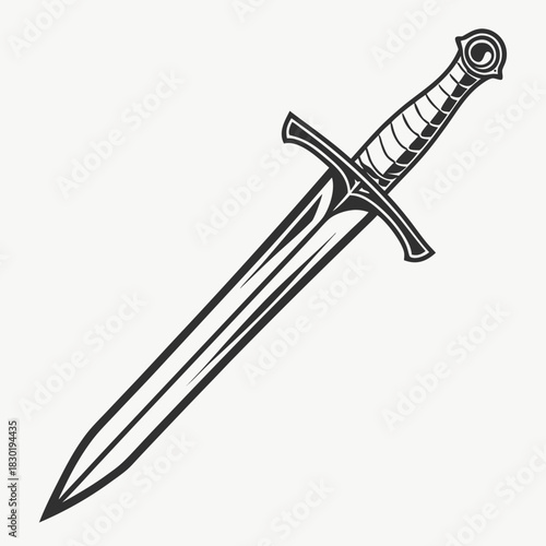 A detailed black and white illustration of a medieval knight s sword with a pointed blade and a decorative hilt isolated on a plain background